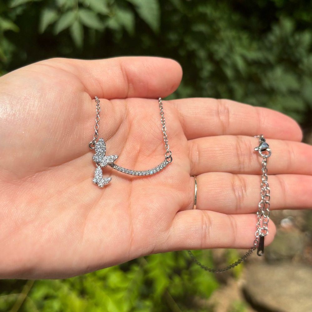 18K White Gold Plated Stainless Steel Diamond Butterfly Necklace
